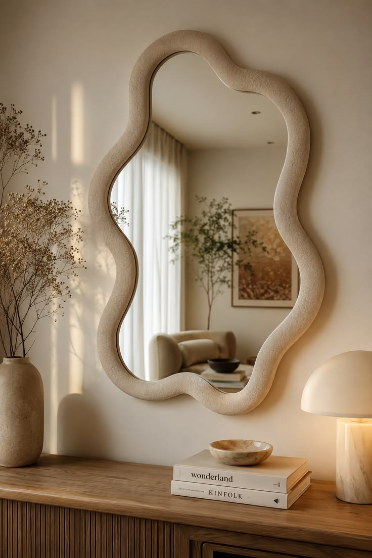 asymmetrical wavy wall mirror with a textured beige bouclé frame hung above a wooden console table.