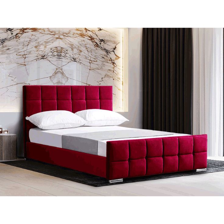 Ruby red plush velvet Square Panel Bed frame with square block tufting and chrome fee