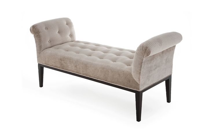A high-angle view of a classic champagne beige diamond-tufted velvet accent bench featuring swept rolled arms and espresso dark wood legs over a white studio background.