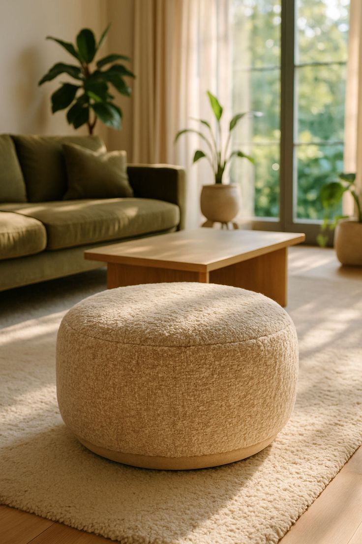 A cozy, round cream bouclé pouf ottoman with a recessed light wood base, sitting on a textured white rug in a sunlit living room with a green sofa, wooden coffee table, and potted houseplants in the background.