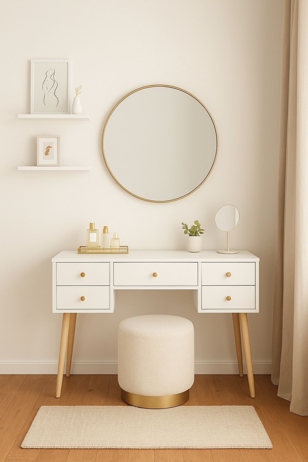 Mid-century modern white makeup vanity desk with tapered legs, brass knobs, round gold wall mirror, and a cream bouclé stool against a neutral backdrop.