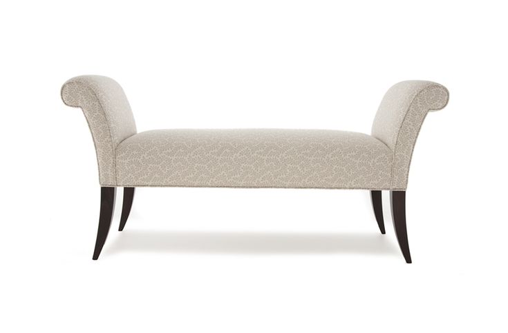 A classic cream and gray patterned accent bench with flared rolled arms and curved espresso saber wood legs over a white studio background.