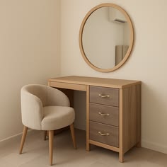 Kanso modern Japandi natural oak dressing table vanity set with a round wall mirror and cream fabric barrel chair.